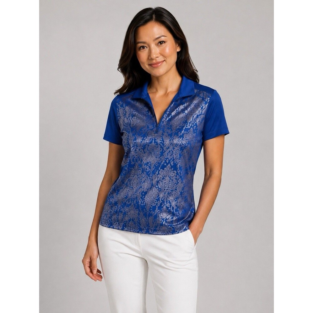 Womens Large Golf Polo Shirt Blue Paisley 1/4 Zip Stretch Performance Athletic